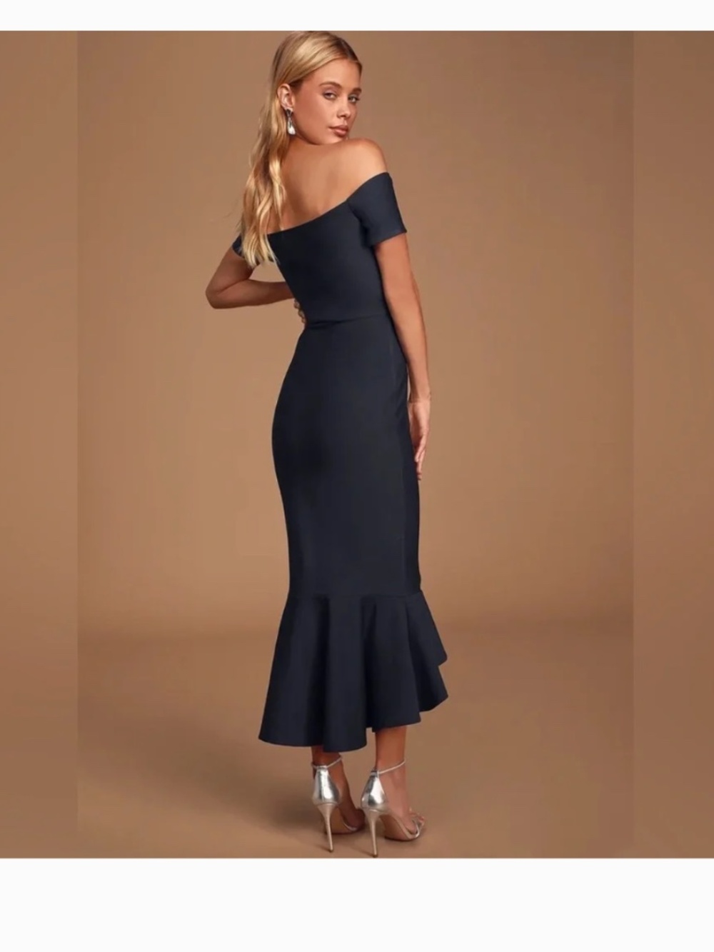 Lulu’s How Much I Care Midnight Navy Blue Off-the-Shoulder Midi Dress Small - Picture 3 of 10